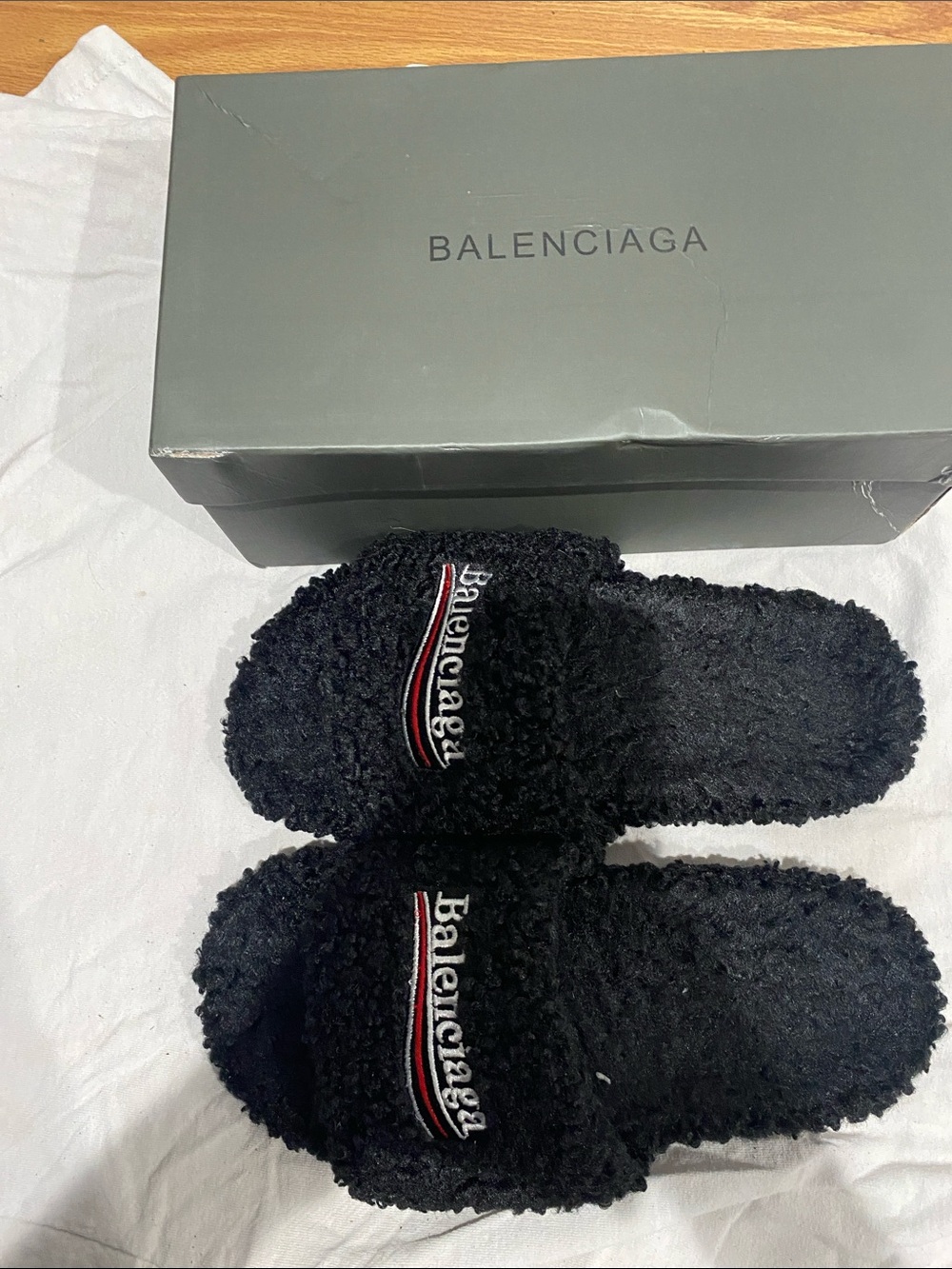 Balenciaga Black Faux-Shearling Logo Slide Slippers